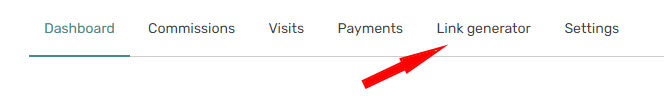 Affiliate Dashboard Screenshot links, dashboard, commissions, visits, payments, link generator, settings