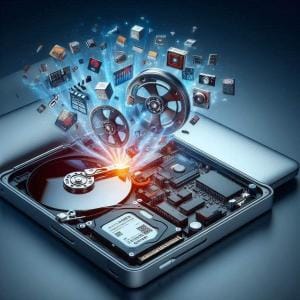 Data emanating from the hard drive inside of an opened up macbook, showing the storage capacity inside